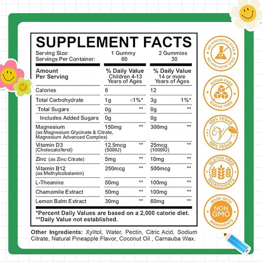 Kids Magnesium Glycinate Gummies, Magnesium for Kids & Adults, with Citrate, Zinc, Vitamin D3, B12, L-Theanine Supplement for Sleep Calm Bone & Muscle Mood, Pineapple 60ct
