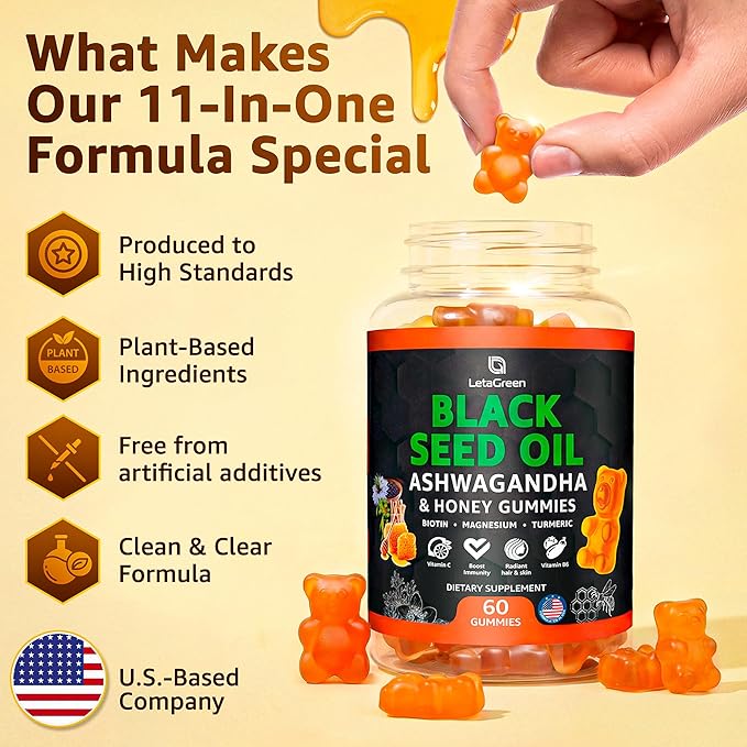 Black Seed Oil Gummies 500mg with Ashwagandha & Apple Cider Vinegar - Immune & Wellness Support Supplement with Vitamin C, Biotin, Turmeric - 60 Organic Gummy Bears for Hair & Skin