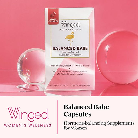 Winged Wellness Balanced Babe, Hormone Balance & Estrogen Detox Supplement for Women - 100mg DIM & Milk Thistle for PMS Bloating, Cramps, Mood, Hormonal Acne, & PCOS Support, 60 Capsules