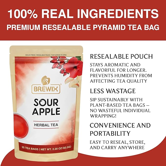 BREWIX, Sour Apple Hibiscus Tea Bags (25 Pyramid Tea Bags) Caffeine-Free Herbal Tea | Apple, Hibiscus, Rosehip | Refreshing Wellness Brew for Any Mood | Hot or Iced Refreshment