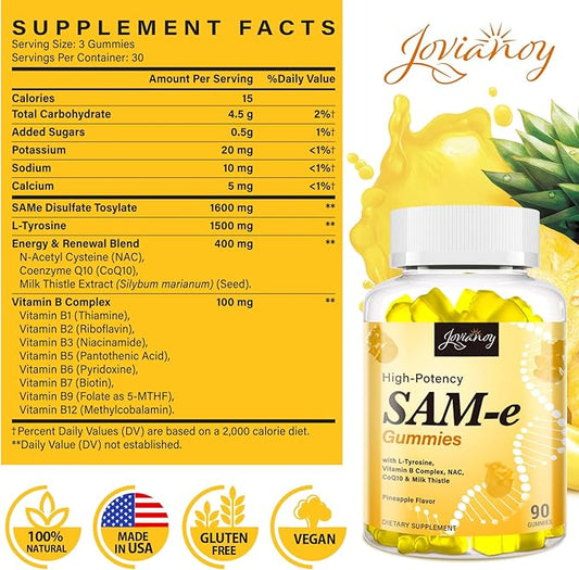Jovianoy SAM-e Gummies with L-Tyrosine, Vitamin B Complex & NAC, CoQ10, High-Potency SAM-e Supplement - Pineapple Flavor, for Mood, Joint, Cognitive & Liver Detox, Vegan Friendly, 90 Gummies