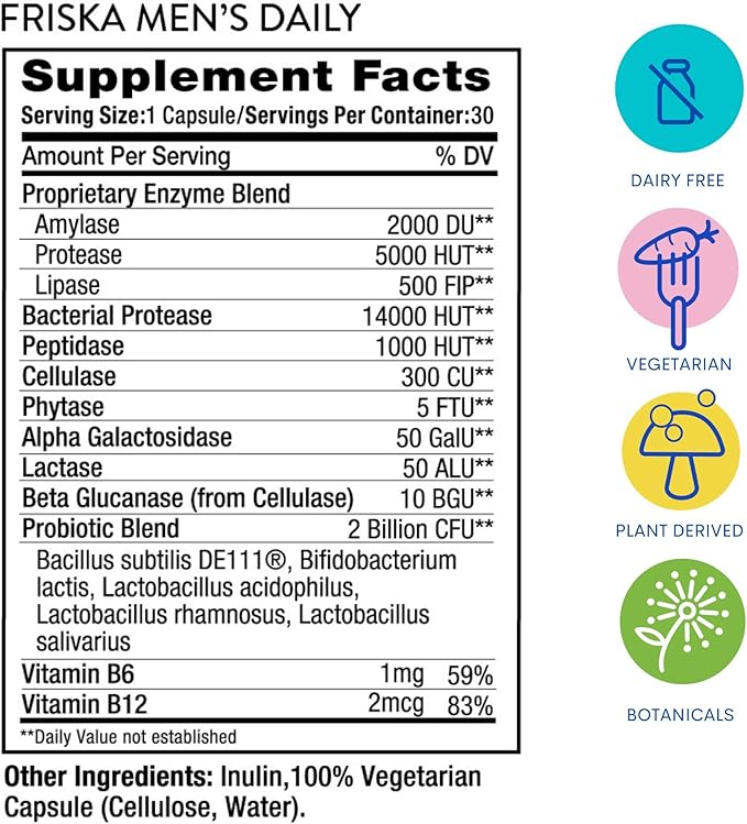 Friska Men’s Daily Gut Support - Digestive Enzymes, Probiotics to Help Break Down Foods, Supports Energy & Nutrient Absorption with Vitamins B6 & B12, 30 Capsules