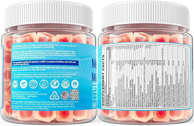 Methylated Multivitamin for Women & Men Gummies w/ Omega-3, Calcium, D3 K2, Methylfolate & B12, TMG, Daily Vitamin A, C, E, B Complex, Magnesium, CoQ10, Probiotic for Overall Health- Vegan, Sugar Free