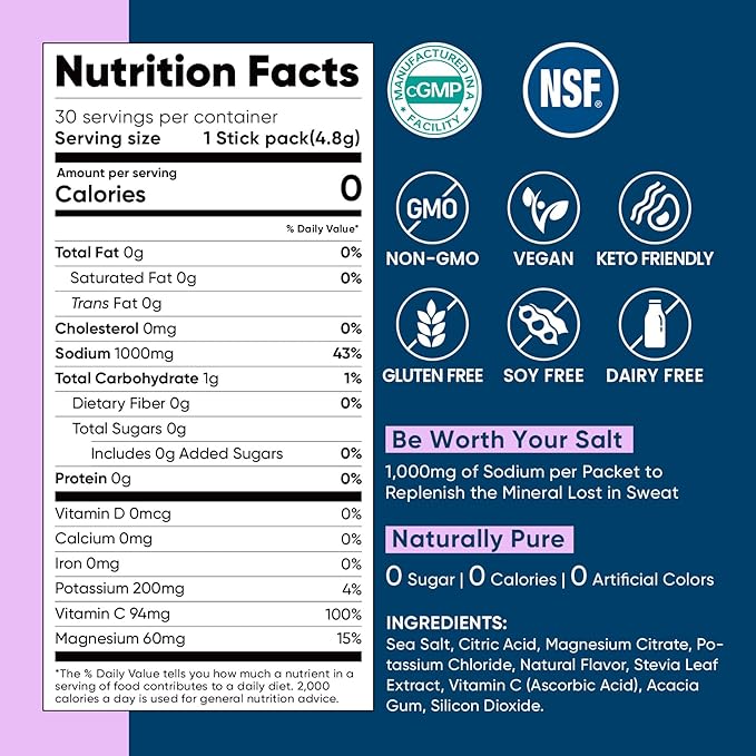 Venture Pal High Sodium Sugar-Free Electrolyte Powder Packets - Hydration Packets with Sodium, Potassium & Magnesium | Zero Calories | Vegan, Keto, and Paleo Friendly | 30 Sticks