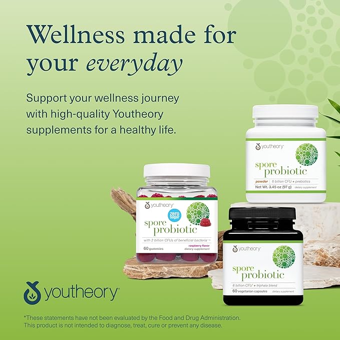 Youtheory Spore Probiotic Gummies - Supplement for Gut Health Support* - with Bacillus coagulans (is-2) - Supports Diarrhea Relief & Regular Bowel Movement* - Sugar Free - 60 Gummies (30-Day Supply)