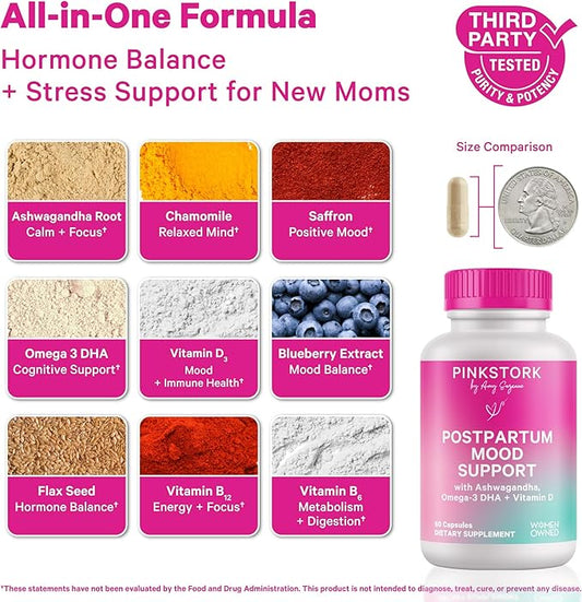 Pink Stork Postpartum Mood Support - Postnatal Hormone Balance for Moms - Breastfeeding Friendly - Stress & Cognitive Support, Postpartum Essentials - Ashwagandha, Chamomile, & Vitamin D, 120 Capsules