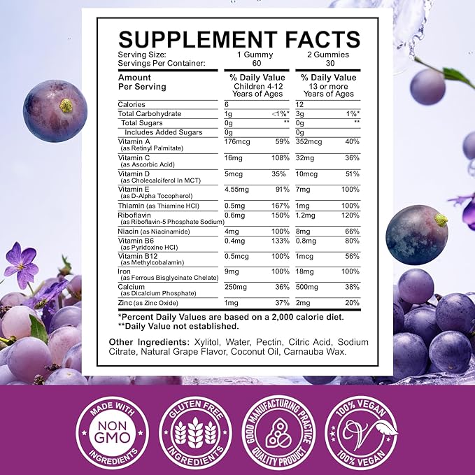 Iron Supplement Gummies for Kids - with Calcium, Zinc, Kids Multivitamin with Iron Gummies - Immune Support, Blood Builder & Energy Support for Iron Deficiency, Anemia, Vegan - 60 Count Grape Flavor