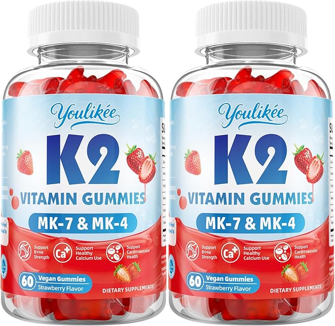 2 Pack Sugar-Free Vitamin K2 Gummies, Dual Formula Vitamin K2 Supplement with MK-7 & MK-4, Supports Bone Health, Gluten-Free, Non-GMO, Sugar-Free, Strawberry Flavor, 120 Gummies