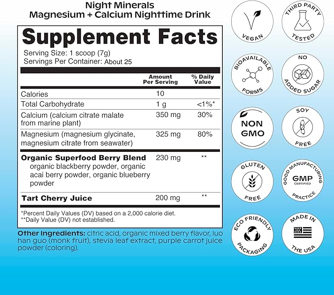 wholier Magnesium Glycinate, Tart Cherry Juice, Chelated Calcium. Calming Nighttime Drink. Natural Support for Sleep, Stress + Relaxation. Night Minerals. (About 25 Servings)