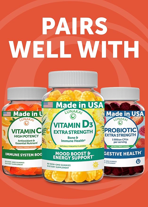 Lunakai USA Made Calcium Magnesium Zinc Gummies with Vitamin D3 & K2 – Delicious 5-in-1 Supplement for Daily Bone, Muscle & Immune Support for Women, Men & Kids, 60ct