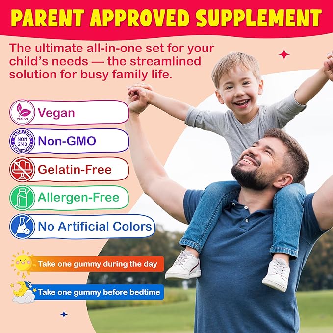 Kids Calcium Magnesium Supplement Gummies - Calcium Citrate 800mg with Magnesium Glycinate 200mg, L-Theanine, Vitamin D3 K2 & Omega-3 Multivitamin for Kids Day & Night Gummies - Vegan, Sugar Free
