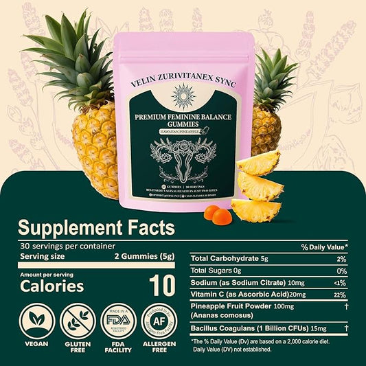 Women’s Daily Probiotic Gummies – Feminine Balance & pH Support – Vegan, Gluten-Free – Pineapple Flavor – 60 Gummies (30 Servings)