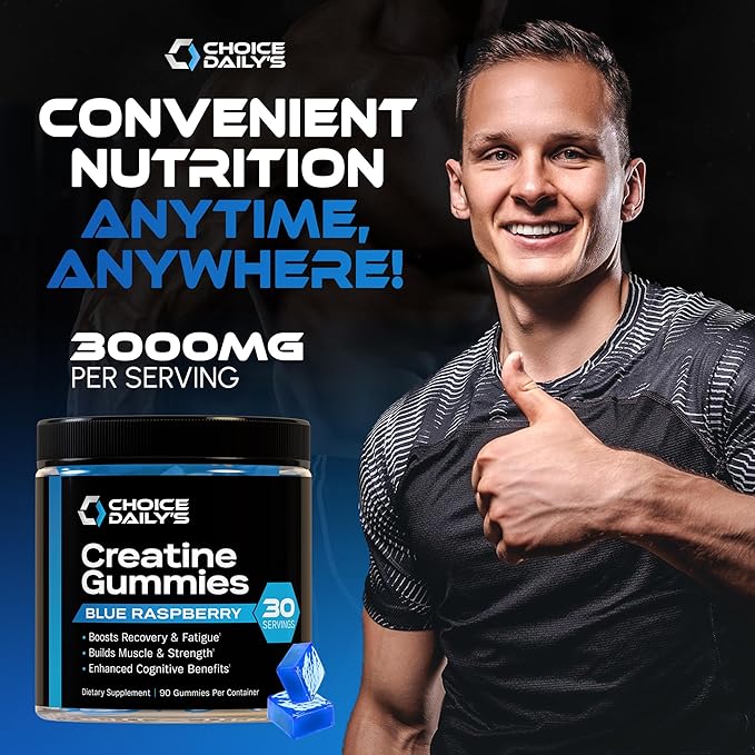 Creatine Gummies - 90 Vegan Friendly Chews - USA Made - Boosts Recovery - Builds Muscle - Enhanced Cognitive Benefits (Large, Blue Raspberry)