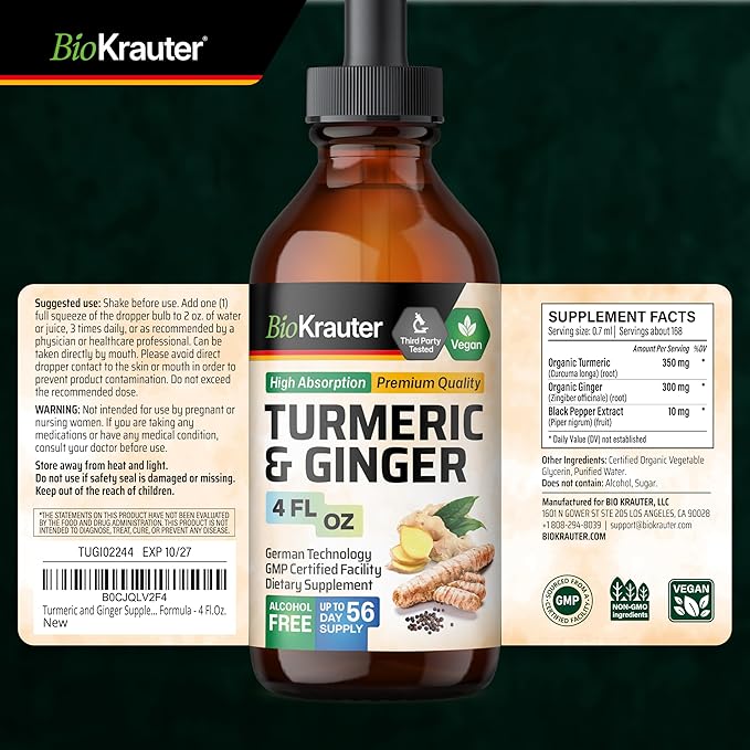 BIO KRAUTER® Turmeric and Ginger Supplement - Pure Vegan Liquid Turmeric & Ginger Tincture with Pepper 4 Fl.Oz 56 Days of Supply - Curcumin Drops for Joint Support, Antioxidant & Immune Support