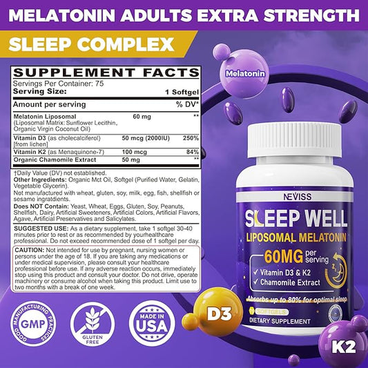 Melatonin 60mg for Adults High Dose, Supports Deep Rest & Brain Cognition, Extra Strength Liposomal Melatonin with Vitamin D3 K2, Chamomile, for Sound Zzz Cycle, Immune & Antioxidant, 150 Softgels