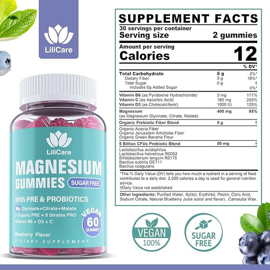 LILICARE Triple Magnesium Complex Gummies 400mg with Prebiotics & Probiotics 5 Billion CFUs, Magnesium Glycinate, Supplement Gummies with Vitamin B6, D3 & C for Muscles & Mood - 60 Count (Pack of 1)