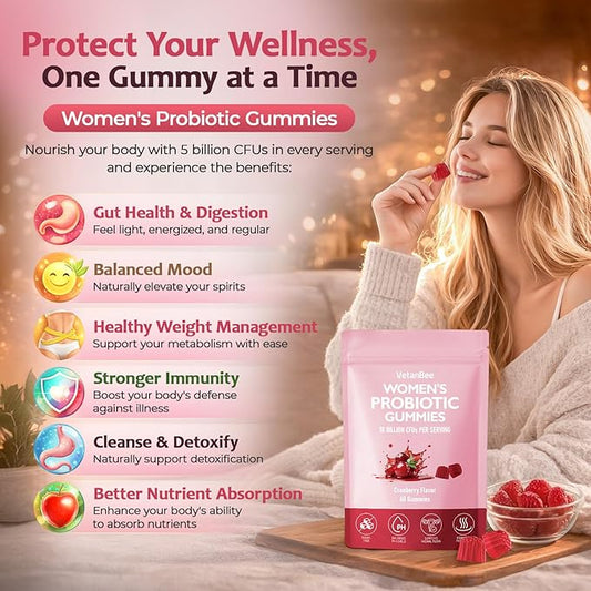 Women Probiotic Gummies for Women – Digestive & Feminine Balance Support, Gut Health, Debloat, with Prebiotics & Cranberry, Vegan, Gluten Free, Non-GMO – 60 Gummies