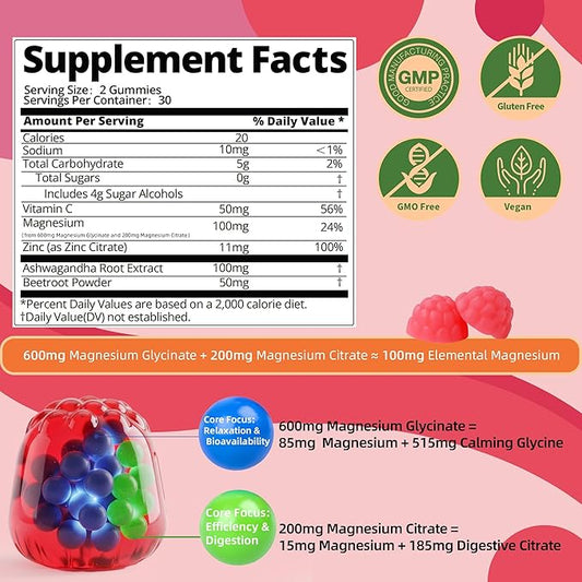 Magnesium Glycinate Gummies, Sugar Free Magnesium Supplement w/Ashwagandha, Zinc, Vegan Magnesium Glycinate Supplement for Adults - 120 Strawberry Gummies