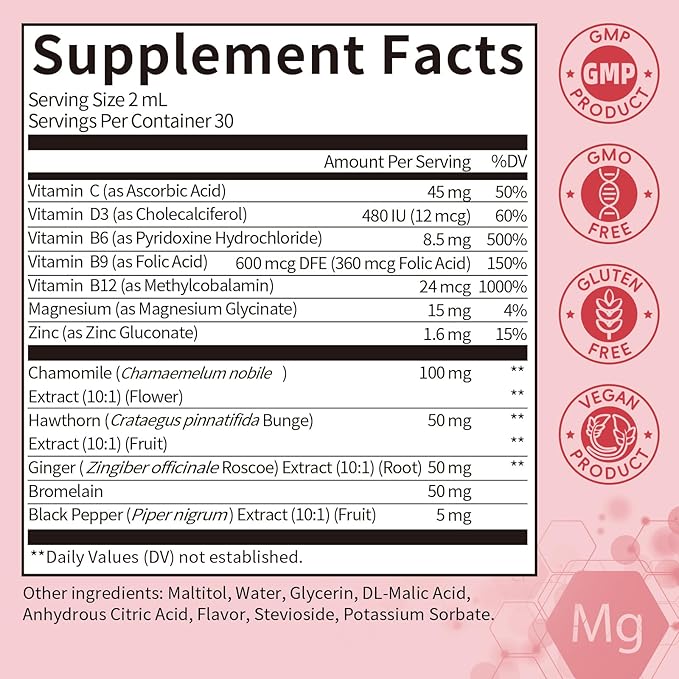 (2 Pack) Magnesium Glycinate Liquid with Chamomile, Hawthorn & Ginger for Stress Relief and Digestive Comfort, Fast Absorption, Non-GMO, Vegan Formula, Sugar Free, Strawberry Flavor, 4 Fl OZ