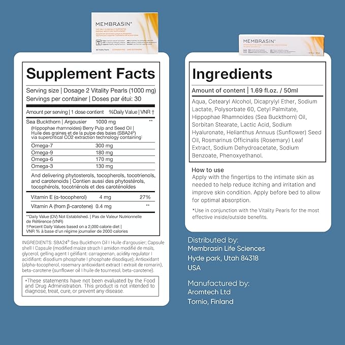 Membrasin Vitality Pearls | Supports Feminine Hydration | Estrogen-Free Oral Supplement | Omega 3, 6, 7, 9 & Sea Buckthorn Oil (Starter Pack (Pack of 1))