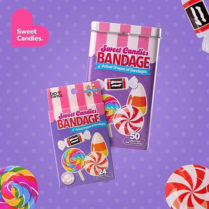 BioSwiss Bandages, Sweet Candies Shaped Self Adhesive Bandage Set, Latex Free, Sterile Wound Care, 50 Count