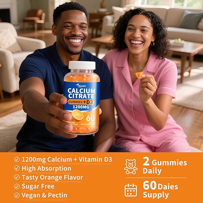 (2 Pack)Calcium Citrate 1200mg with Vitamin D3 Gummies for women & Men,Calcium Citrate Supplements for Bone & Teeth Support,High Absorption-Easy to Digest, Sugar Free,Vegan,Orange Flavor,60 Day Supply