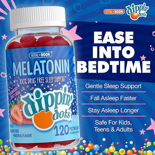Dippin Dots - Melatonin Gummies for Kids & Adults (60 Days Supply) Strawberry Sunset Creme Flavor | 2.5mg Per Kids Melatonin Supplement for Faster, Longer Sleep | Gummies for Children (120 Count)