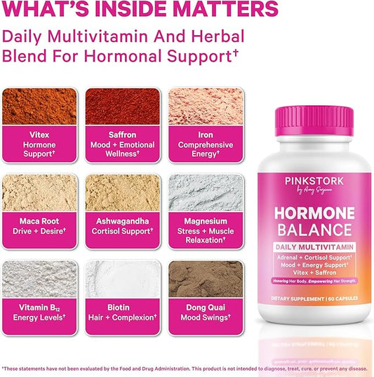 Pink Stork Hormone Balance Multivitamin for Women | 18-in-1 Vitex, Saffron, Ashwagandha, Magnesium | Mood, Energy, Cortisol, Adrenal Support | PMS, Perimenopause Support | 60 Vegan Capsules