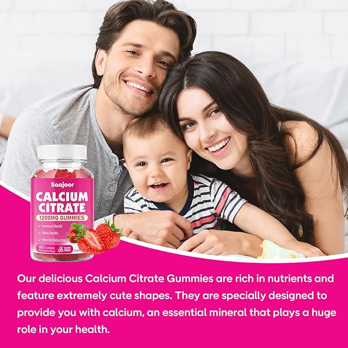 2 Pack Calcium Citrate Gummies 1200 mg - High Absorption Calcium for Strong Bones, Muscles & Immune Support - Vegan, Non-GMO, Natural Strawberry Flavor, 120 Count
