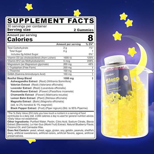 Sleep Gummies Melatonin Free with Magnesium Glycinate, L-Tryptophan, GABA, L-Theanine, Ashwagandha, Natural Sleep Aid Calm Relax Gummy No Melatonin for Adults Extra Strength without Melatonin, 60Cts
