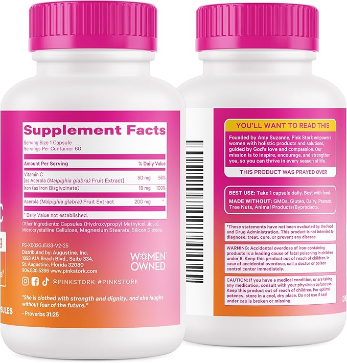 Pink Stork Prenatal Iron Supplement for Women - 18 mg Non-Constipating Iron & Vitamin C for Pregnancy, Postpartum, & Breastfeeding - Focus, Fatigue, & Blood Cell Production - 4 Month Supply