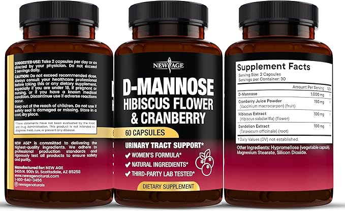 NEW AGE D-Mannose with Cranberry & Hibiscus - High Strength for Urinary Tract Health - Supplement for Women - Bladder, Liver & Microflora Support - Made in USA - Vegan, 60 Capsules