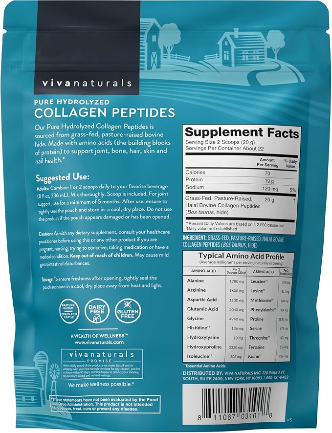 Viva Naturals Collagen Peptides Powder - Grass-Fed Hydrolyzed Bovine, Type I & III - 19 g Protein, Unflavored, Easy Dissolving - Joint, Skin, Hair & Nail Support - Paleo, Keto, Non-GMO - 1lb