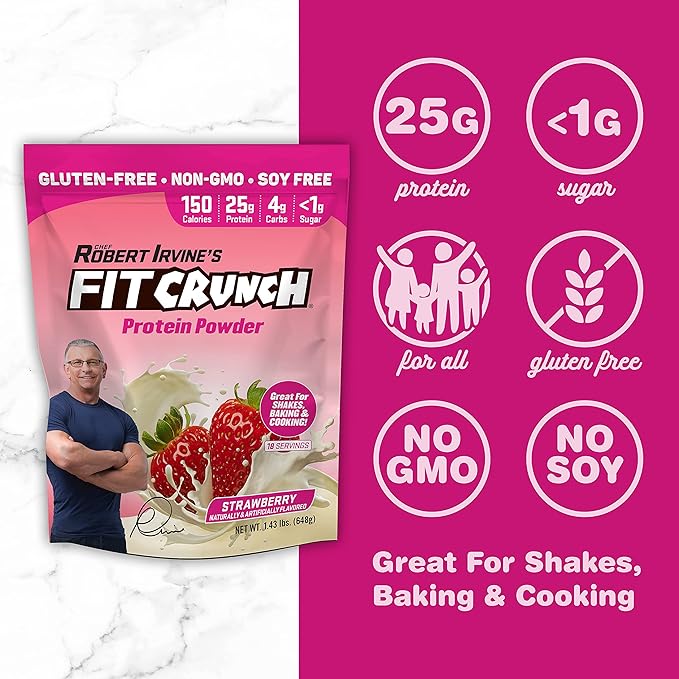 Fit Crunch Tri-Blend Whey Protein, Keto Friendly, Low Calories, High Protein, Gluten Free, Soy Free (18 Servings, Strawberry)
