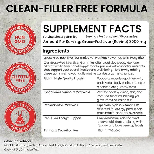 Beef Liver Supplement Grass Fed | Beef Organs Gummies for Women | Pasture Raised in New Zealand | High in Vitamin A B12 & Heme Iron | Non-GMO | Hormone & Pesticide Free | Tastes Delicious | 60 Gummies