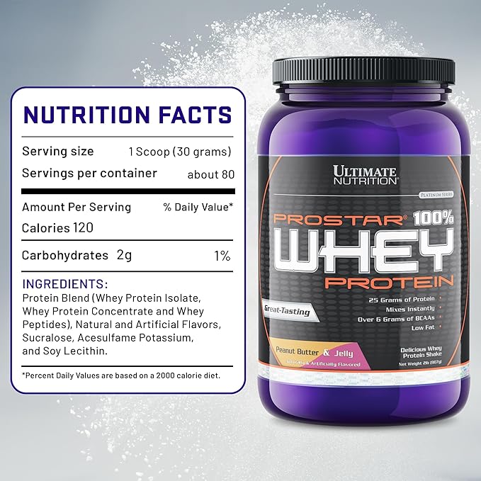 Ultimate Nutrition Prostar Whey Protein Powder Isolate, Peanut Butter & Jelly - Low Carb, High Protein Powder Shake for Muscle Gain & Recovery - Low Sodium, Low-Fat & Keto Friendly - 2 lbs Tub