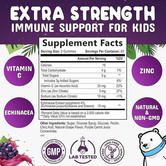 Kids Immune Support Gummies - Vitamin C, Zinc & Echinacea Children's Daily Immune Health Support Gummy Supplement for Ages 4 and Up, Natures Kid's Vitamin C Gluten-Free & Non-GMO, Vegan - 120 Gummies