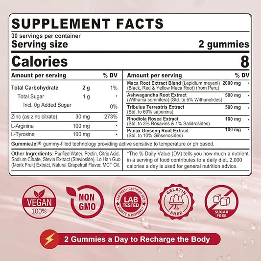 Maca Root Filled Gummies 2000mg for Women Men | Sugar Free | Organic Black, Red, Yellow Maca Root Supplement Gummy Chews with Ashwagandha Ginseng & Zinc | Vegan, Non-GMO, Grapefruit Flavor, 60 Count