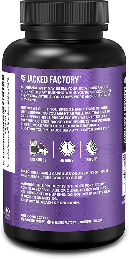 Jacked Factory Lean PM Night Time Fat Burner, Sleep Aid Supplement, & Appetite Suppressant for Men and Women - 120 Stimulant-Free Veggie Weight Loss Diet Pills