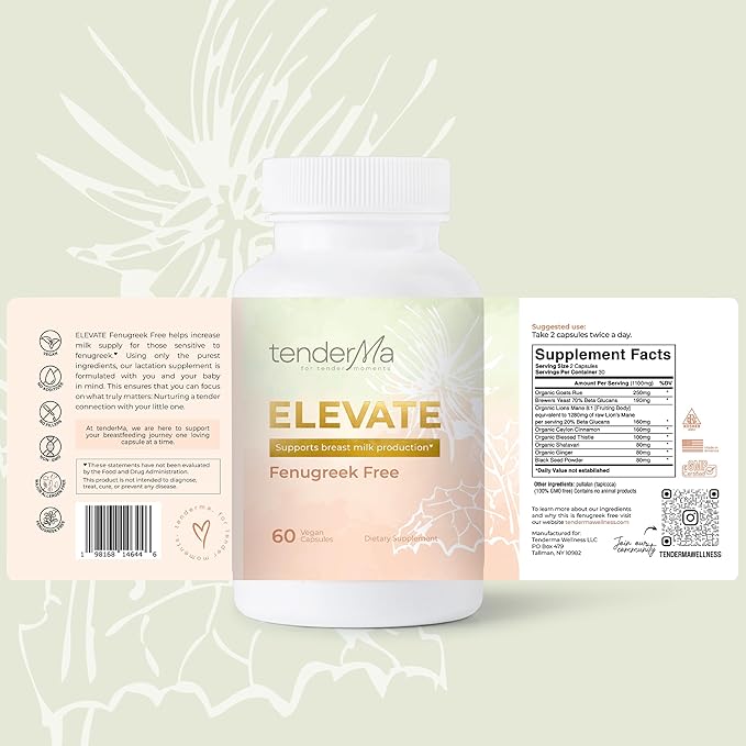 Lactation Supplement Elevate Fenugreek-Free with Organic Goat’s Rue and Lion’s Mane, Blessed Thistle & Brewer’s Yeast, Vegan, Non-GMO, Herbal Breastfeeding Support, 60 Capsules