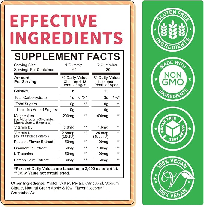 Magnesium Gummies for Kids - Magnesium Glycinate Gummies with L-Theanine, Vitamin B6, D3 for Kids & Adults Sleep, Calm, Relaxation, Brain, Bones, Muscle Relief, Sugar Free Green Apple & Kiwi 60ct