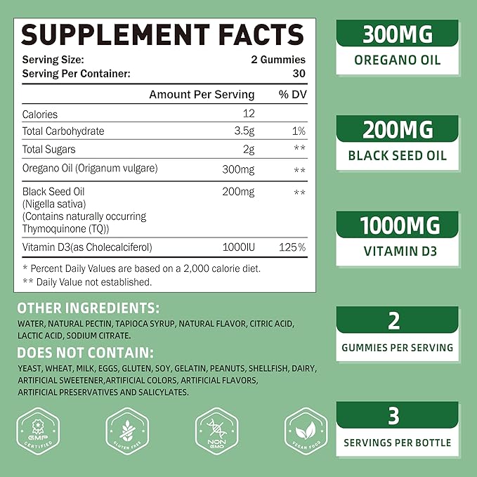 Oregano Oil Gummies 300mg | Oil of Oregano with 200mg Black Seed Oil + D3 1000IU | Organic Oregano Chewable Supplements | Carvacrol + Thymoquinone | Vegan, Non GMO | Immune & Gut Support | 60 Cts