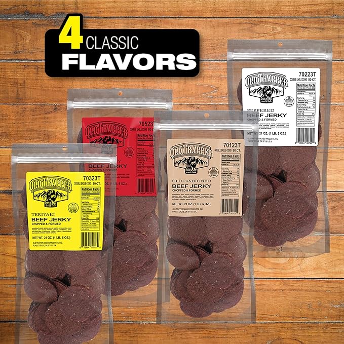 Old Trapper Double Eagle Beef Jerky, Teriyaki Flavor, 21 Ounce Package, Natural Wood Smoked Meat Snacks, 10 Grams of Protein and 80 Calories per Serving (Pack of One)