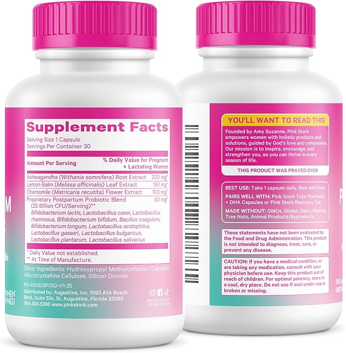 Pink Stork Probiotics for Postnatal Women - 30 Billion CFUS with Ashwagandha and Chamomile, Postpartum Essentials for Hormone Balance, Mood Support, Gut Health, Digestive Wellness, 30 Capsules