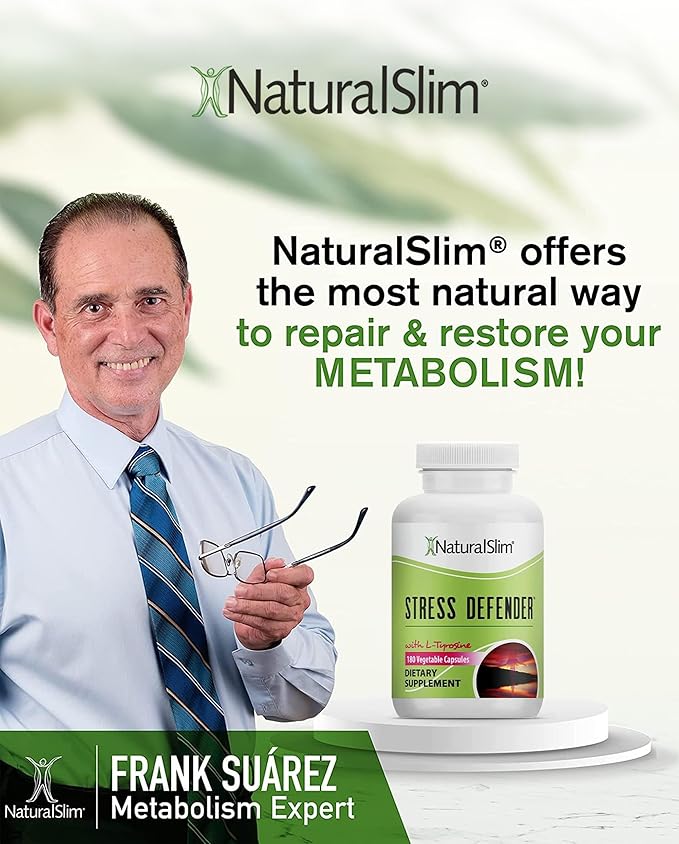 NaturalSlim Stress Relief Supplement - Stress Defender, High Cortisol Reducer, Control Cravings, Sleep & Metabolism Support with Vitamin B5 Pantothenic Acid & L Tyrosine - 180 Vegetable Capsules