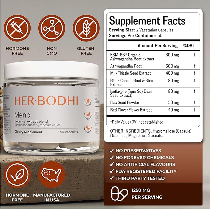Her Bodhi Meno- Menopause Hormonal Balance for Women, Estrogen Soy Isoflavones Menopause Supplement for Women, Ashwagandha, Black Cohosh Hot Flashes Menopause Relief, Night Sweats Relief 60Caps