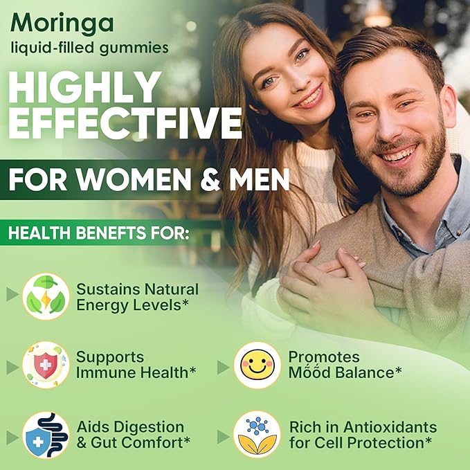 Moringa Gummies 1000mg for Women & Men Sugar-Free, 13-in-1 Superfood with Turmeric, Ashwagandha, Trans-Resveratrol, VB12 D3, Pure Moringa Leaf Supplement for Energy, Immune, Skin,Antioxidant, 60 Chews