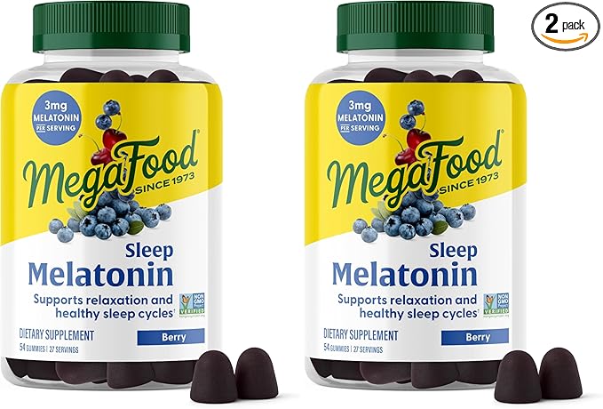 MegaFood Melatonin Gummies - Melatonin 3mg per Serving to Help Relax & Fall Asleep – Sleep Gummies for Adults - Berry Flavor, Non-GMO, Certified Vegan - 54 Gummies (27 Servings) (Pack of 2)