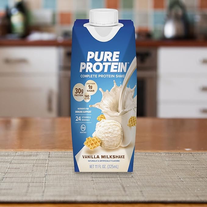 Pure Protein Vanilla Protein Shake,30g Complete-Protein,Vitamins A,C,D,and E plus Zinc to Support Immune Health,Ready to Drink and Keto-Friendly,11oz Bottles,(Pack of 24)