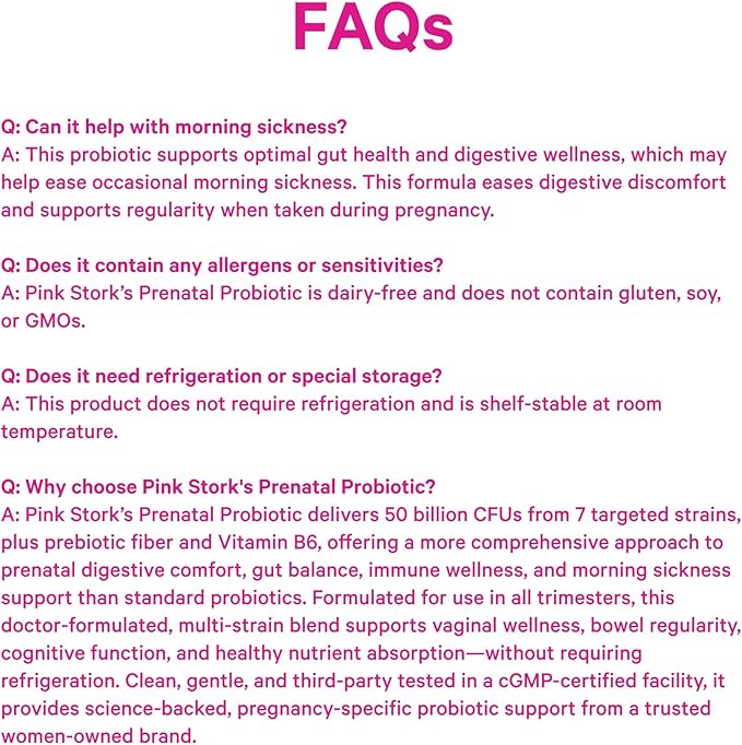 Pink Stork Prenatal Probiotic for Women with 50 Billion CFU | Vitamin B6 & Prebiotics | Pregnancy Probiotics for Morning Sickness | Digestive, Immune, & Gut Health | Vegan & Gluten-Free | 30 Capsules